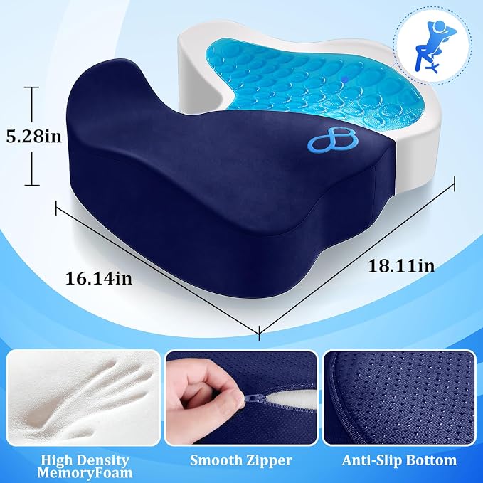 CushyOasis Seat Cushion, Office Chair Cushions, 5.28 in Thick (Blue) | Anti-Slip Back & Removable Cover, Ergonomic Tailbone Support Seat Cushion, Memory Foam Seat Cushion for Office - Image 5