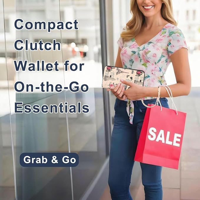 RFID Wallet for Women with Cellphone Pocket - Double Zipper Wristlet Purse Large Capacity, 17 Card Slots, Coin Pocket, ID Window, Effel Tower Flower - Image 7