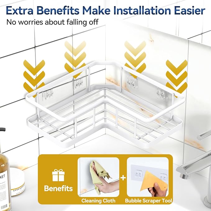 Corner Shower Caddy Adhesive, 100% Rustproof Shower Organizer, No Drill Shower Shelf for Inside Shower, Wall-Mounted Shower Storage for Homes (2 Pack, White) - Image 5