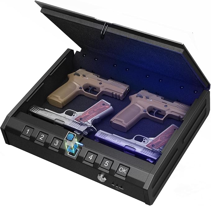 ONNAIS Large Biometric Gun Safe for Handgun with Fingerprint Keypad Lock | Emergency Power Supply Gun Case Internal Light Gun Lock Box for Home, Nightstand, Bedside, and Car Use by ONNAISSecuritySafe