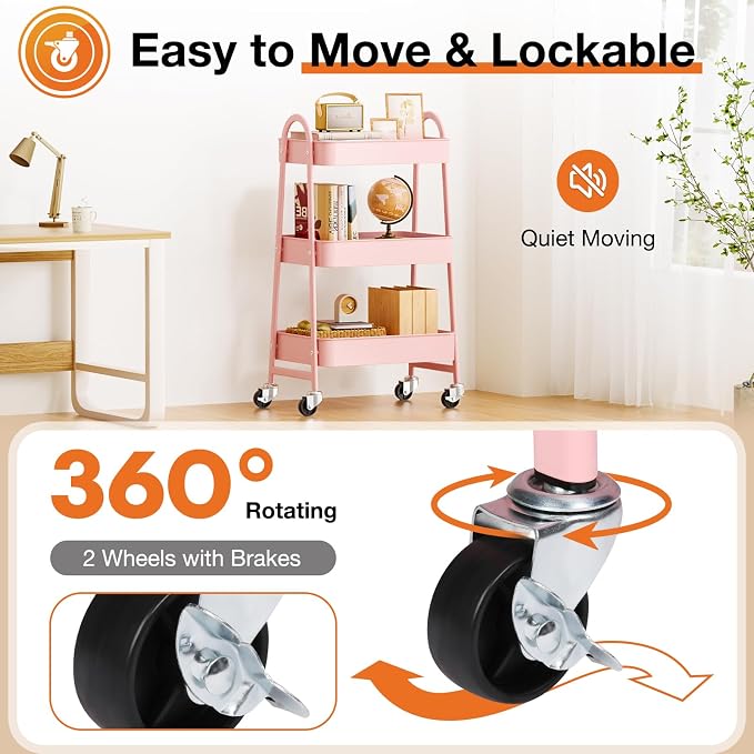 NEWBULIG 3-Tier Metal Rolling Storage Utility Cart with Lockable Wheels | Mobile Organizer Shelf, Space-Saving, Freestanding, Bathroom, Living Room, Slim, Narrow Corner Spaces, Pink - Image 3