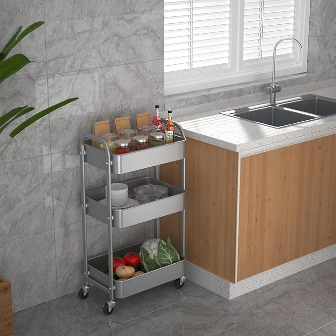 MAX Houser 3-Tier Rolling Utility Cart with Caster Wheels, Silvery-Grey | Easy Assembly, multi-purpose storage trolley for kitchen, rolling cart with smooth caster wheels for bathroom - Image 3