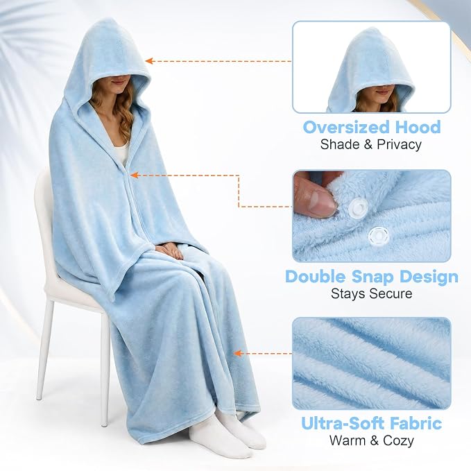 Hooded Wearable Fleece Travel Blanket Airplane with Snap Closure, Foldable Travel Pillow, Compact Carry Carabiner Strap, Soft 60''x50'' Fleece Blanket for Plane Office Gift(Blue) - Image 5
