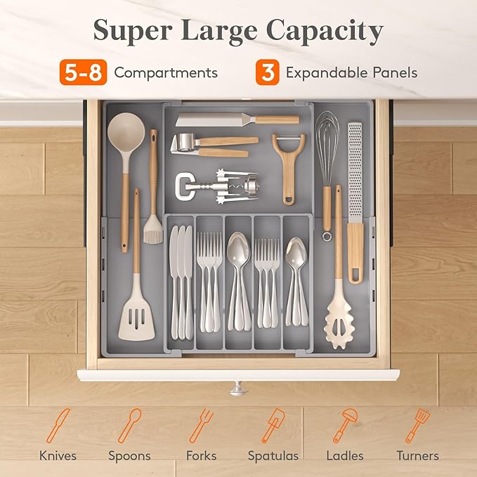 Lifewit Expandable Silverware Drawer Organizer, Utensil Tray for Kitchen | BPA Free Flatware and Cutlery Holder, Adjustable Plastic Storage for Spoons Forks Knives, 12-20.5 x 11.3-19.4 x 1.7, Gray - Image 3