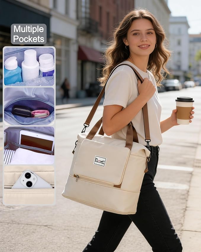 Foldable Travel Duffel Bag for Women, Beige | 40L Expandable Water-Resistant Carry on Bag, Personal Item Travel Bag Flight Approved with Wet Pocket for Gym Travel, Nylon - Image 3