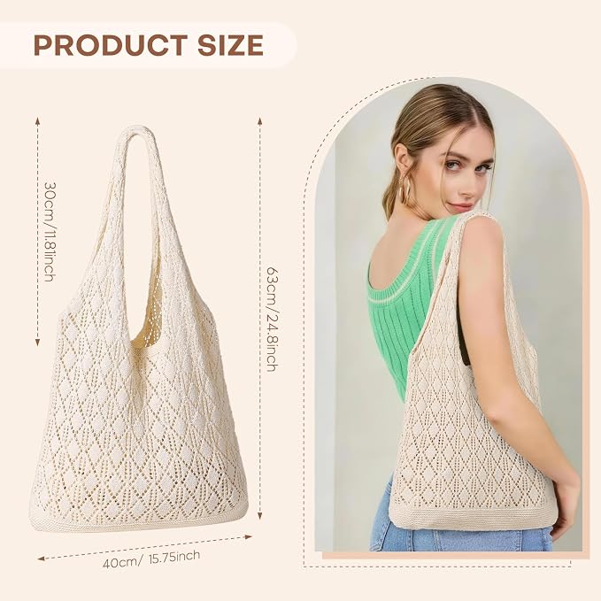 Sightor Crochet Tote Bag, Mesh Beach Bag Knit Summer Hobo Bag for Women | Beach Tote bag Vacation Outfits Aesthetic Boho Bag - Image 2