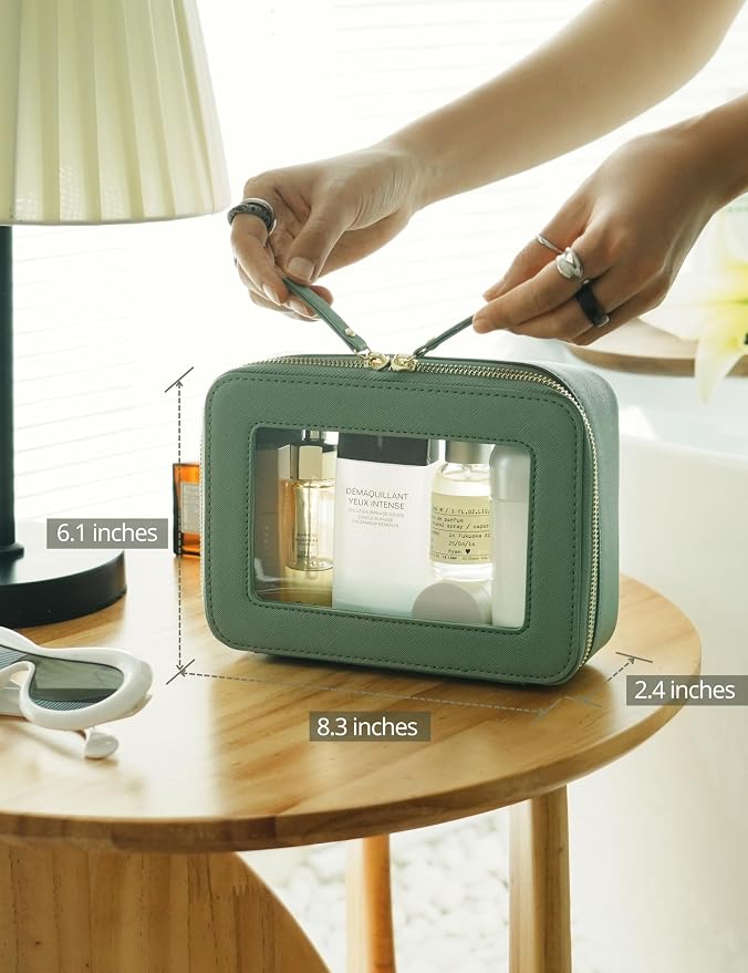 Clear Makeup Bag with Zipper Travel Toilrty Bag Sage Green Medium | Structured Clear Cosmetic Case for Women, Car Essential Organizer Bag, Waterproof PU Leather, Dual Zipper, Wide Opening - Image 3