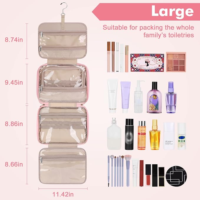 Toiletry Bag for Women, Large Cosmetic Travel Bag, Hanging Toiletry Bag for Bathroom, Thickened PVC Waterproof Travel Makeup Bag, Toiletries Bag for Travel Business Trips and Camping, Pink - Image 2