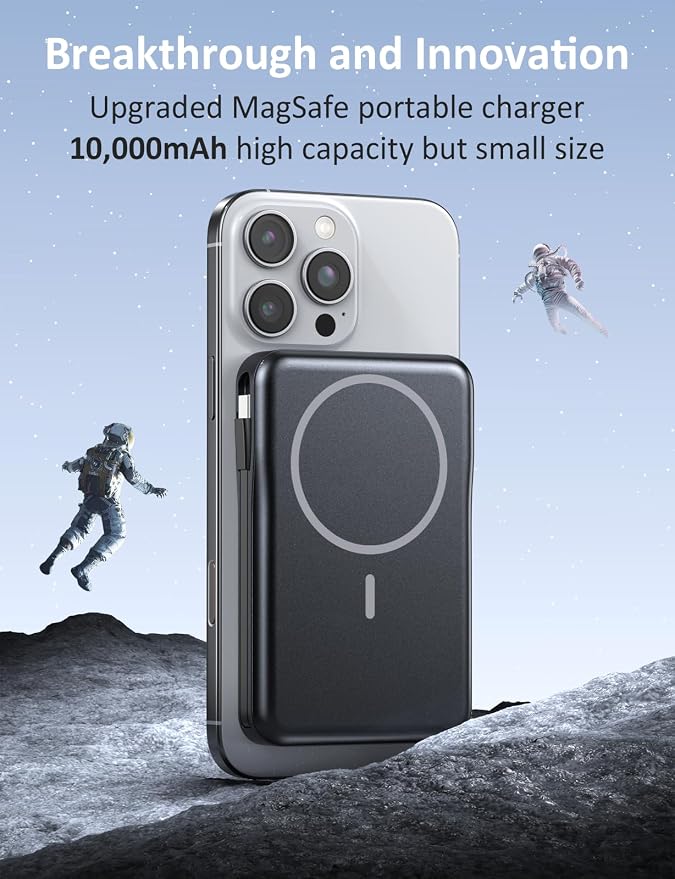 Magnetic Portable Charger 10000mAh, 20W Power Bank with Built in Cable | 20W Fast Charging for Magsafe Battery Pack with LED Display, Travel Essential for iPhone 17/16/15/14/13/12 Pro/Pro Max-Black - Image 4