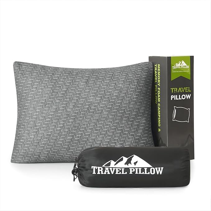 Camping Pillow Travel Pillow Small Shredded Memory Foam Pillow - Compressible Medium Firm, Breathable Cover, Ideal Backpacking Hiking, Airplane and Car by PEUJEW