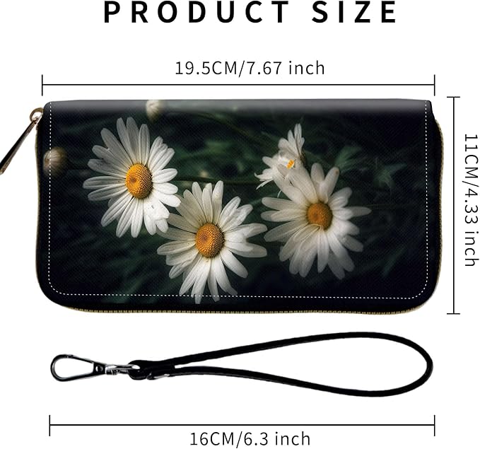 Wallet,Leather Long Wallet Suitable For Ladies And Teenagers - Detachable Wristband + RFID Travel Wallet With Card Slot - White and Yellow Daisy Flowers - Image 2