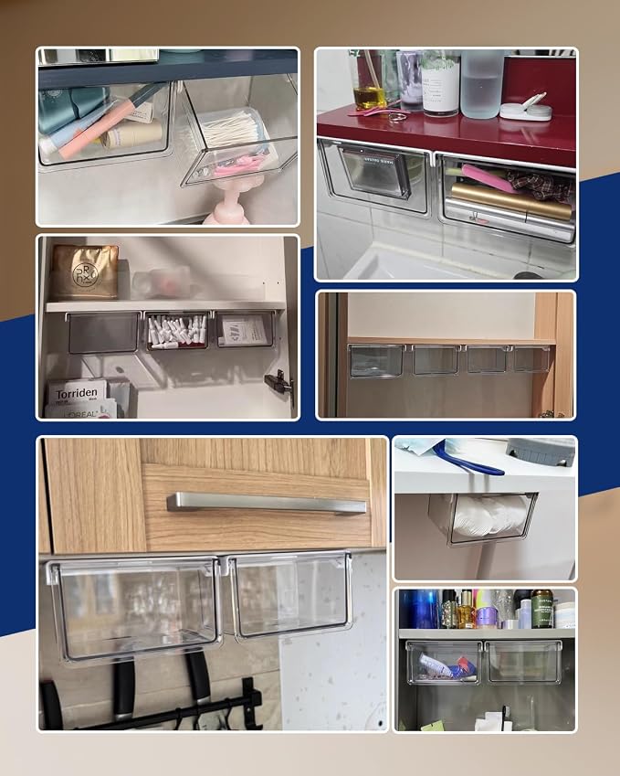 Hanging Cabinet Organizer – 33° Tilted Under Desk Drawer & Bathroom Storage – Self-Adhesive Clear Pull-Out Bins for Kitchen, Office & Vanity (Medium) - Image 9