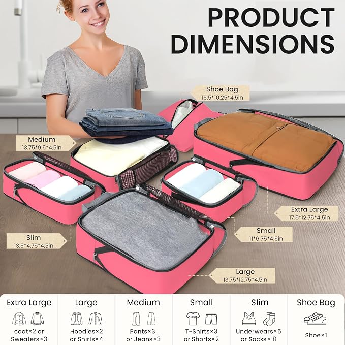 BAGAIL 4 Set/6 Set/8 Set Compression Packing Cubes Travel Accessories Expandable Packing Organizers (Half Mesh, 6-Coral) - Image 2