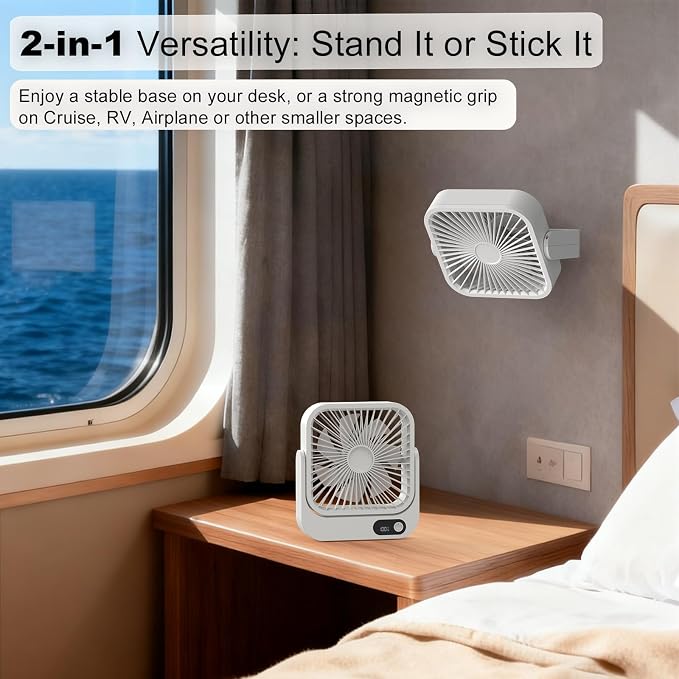 Portable Magnetic Travel Fan, 5000mAh Rechargeable Battery Powered, Mini Personal Travel Fan for Sleeping Attach Magnetically&Desk Use, Essentials for Italy European Travel Plane Hotel - Image 2
