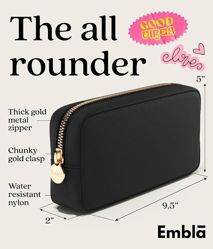 Embla Makeup Bag Travel Cosmetics Pouch and Toiletry Bag, Nylon Zipper Pouch Purse, Cute Make Up Organizer Storage Tote for Women Girls, Waterproof Travel Skincare Case, Small Makeup Bags, Black - Image 2