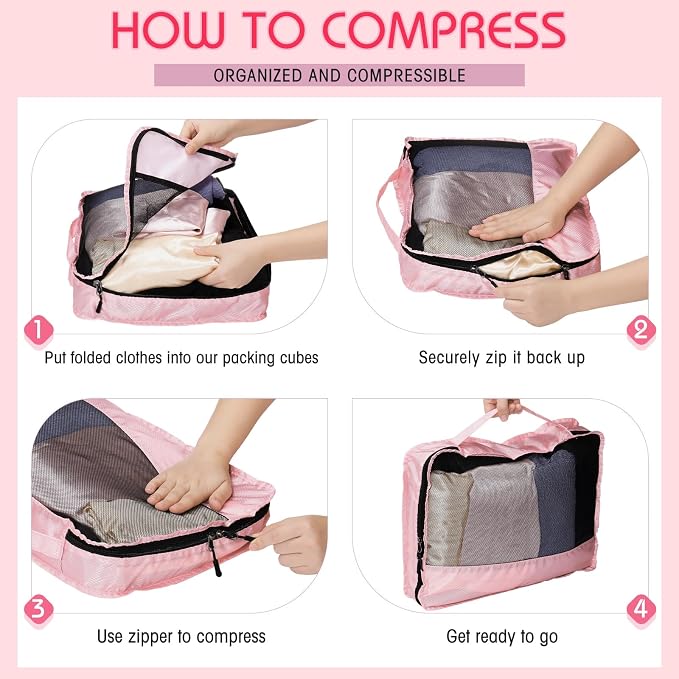 5 Pcs Packing Cubes for Suitcase Large Travel Cubes Carry on Luggage Organizer Bags for Clothes Accessories(S,Pink) - Image 4