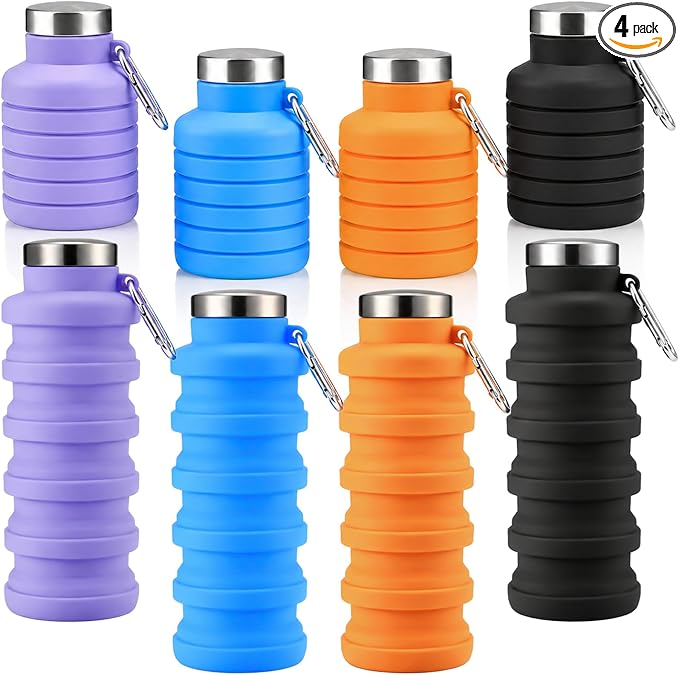 4 Pack Collapsible Water Bottles, 16oz Portable Reusable Silicone Water Bottle, Foldable Water Bottles for Travel Gym Camping Hiking, Leak Proof Sports Water Bottle with Carabiner (Bright Color) by Unknown