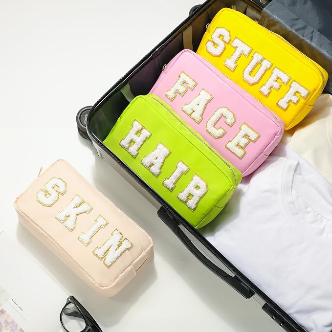 Preppy Makeup Bags Chenille Letter Stuff Bag Nylon Cosmetic Pouch Cases with Zipper for Women Travel Toiletry(Vibrant Color,Classic,4 Pcs) - Image 5