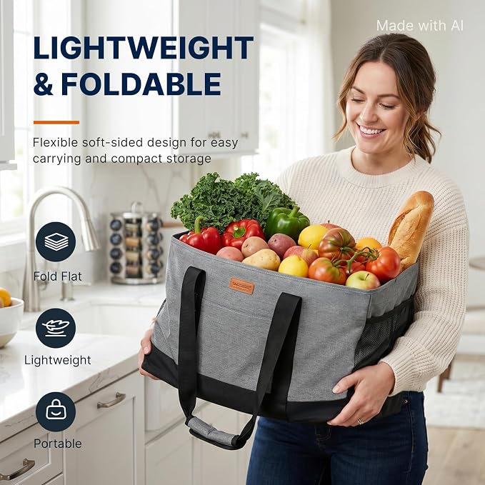 WONDAY Grey Foldable Utility Tote Bag, Reusable Grocery Bag | 22x11x13in, holds 50lbs, 600D Oxford fabric with PP board bottom, folds flat, side panels only, not self-standing - Image 2