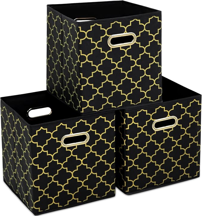 Fabric storage bins Cubes, Fabric Cube Organizer with Handle, Foldable Cube Bins for Cloth or Accessary Storage, 11x11x11, Set of 3, (Black Gold) by Yunkeeper