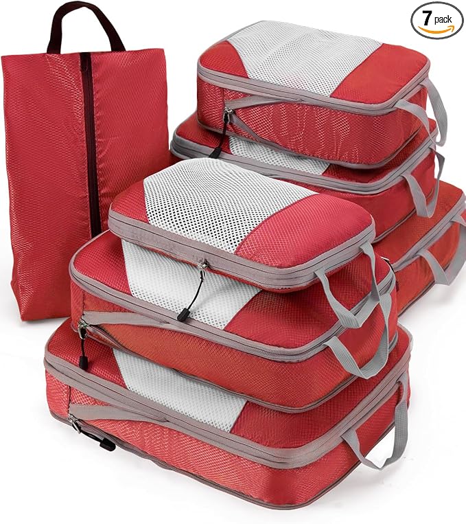 Meowoo 7 Set Compression Packing Cubes for Travel, Durable Ripstop Mesh Suitcase Organizer with Shoe Bag, Ultralight & Expandable Space Saver Travel Cubes by Meowoo