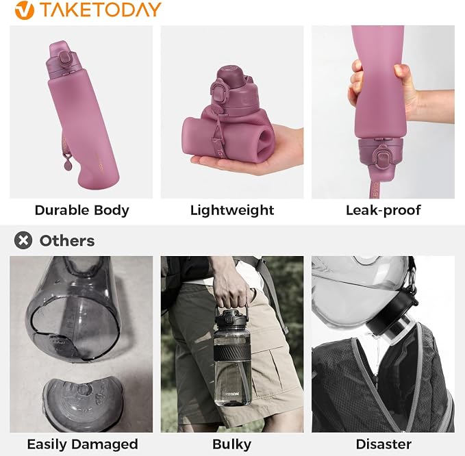 TakeToday Collapsible Water Bottles, Foldable for Travel, 32oz, Purple | Compact Foldable Travel Bottle with Straw, TSA-Approved Leakproof Silicone, BPA-Free for Hiking & Outdoors - Image 2