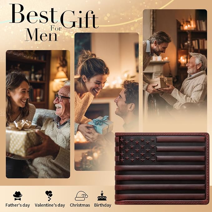 Wallet for Men-Genuine Leather RFID Blocking Bifold Stylish Wallet American Flag Wallet With 1 ID Window (Red, Without ID Window) - Image 9