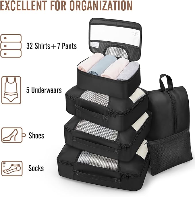 Veken 10 Set/8 Set Packing Cubes for Travel Essentials,Anti-Wrinkle Buckled Suitcase Organizer for Shoe & Toiletry Bag,Carry On Luggage Bag for Airplane & College Dorm Room Accessories,Women Men Gifts - Image 5