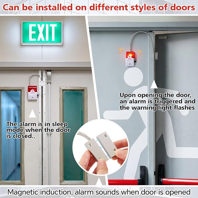 2 Pcs Exit Stopper Door Alarm with 110db Siren Emergency Door Alarms When Opened, Easy Installation Battery Powered Magnetic Sensor for Unauthorized Entry Prevent Commercial Warehouse Retail - Image 6