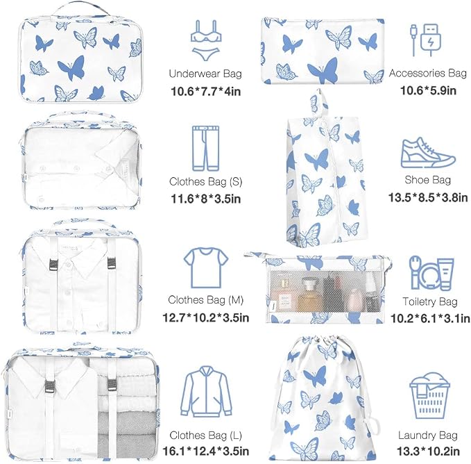 8 Set Packing Cubes for Suitcases,Packing Cube with Shoe, Cosmetics, Clothing, Accessories Bags Packing Cubes for Travel Luggage Organizer Women Men(Butterfly) - Image 2