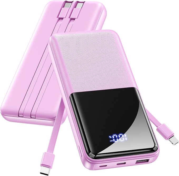 CFIAI Portable Charger 15000mAh Slim Power Bank with Built in Cables | 22.5W Fast Charge, Travel Essential, 50% Larger Capacity USB C Battery Pack for iPhone Samsung Android, Lavender by CFIAI