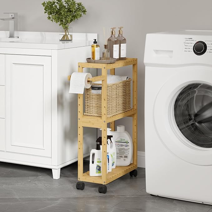 RRX Bamboo Rolling Cart, Slim 3-Tier Standing Shelf Units on Wheels (Beige) | Bamboo Shelves Utility, Storage Corner Shelf Cabinet for Narrow Space, Toilet Paper Organizer for Bathroom, Kitchen - Image 4