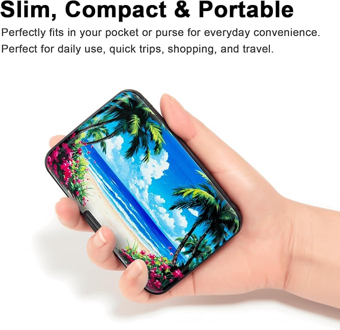 Credit Card Holder for Women Men RFID Blocking Wallet Small Business Metal Slim Mini Aluminum Hard Case (Tropical Beach Palm Trees) - Image 4