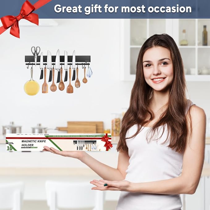 17 inch magnetic knife holder with 10 hooks, No Drilling black knife magnetic strip and utensil hanger for wall, Powerful knife magnet rack include tape and screws - Image 6