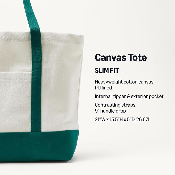 Amazon Essentials Unisex Adults' Large Heavy Duty Canvas Beach Tote Bag, Natural/Green, One Size - Image 2