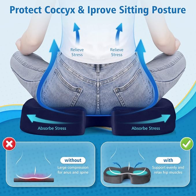 CloudBliss Gel Memory Foam Seat Cushion for Long Sitting, Large, Blue | Gel Chair Pad for Tailbone, Coccyx, Sciatica , Soft Suede Cover, Non-Slip , Washable Mesh, for office, home, car - Image 4