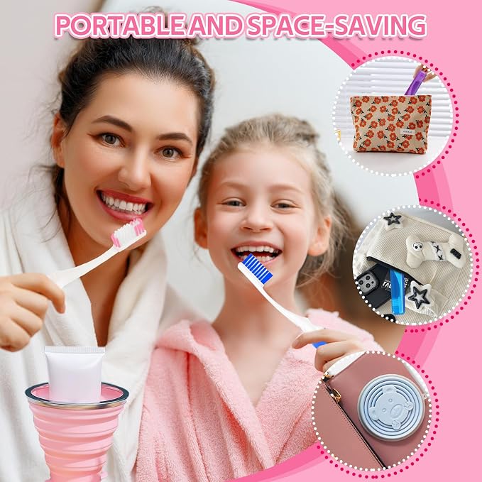 Toothbrush Travel Case, Travel Toothbrush Silicone Collapsible Toothbrush Cup, Travel Toothbrush Set Suitable for Business Camping Travel or Daily Use (Pink) - Image 2
