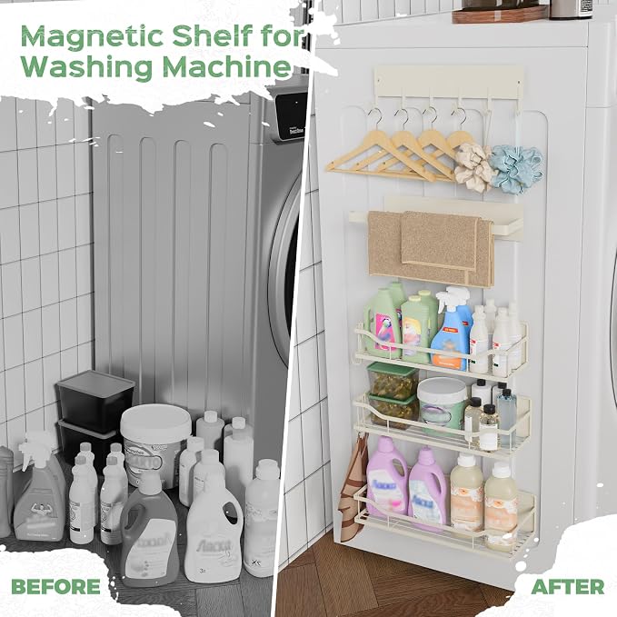 5 Pack Multifunctional Magnetic Shelves for Refrigerator Spice Rack & Washing Machine Organize, Include Paper Towel Holder, Kitchen Utensil Hanger and Hooks, Strong Magnet for Secure Hold (Cream) - Image 5