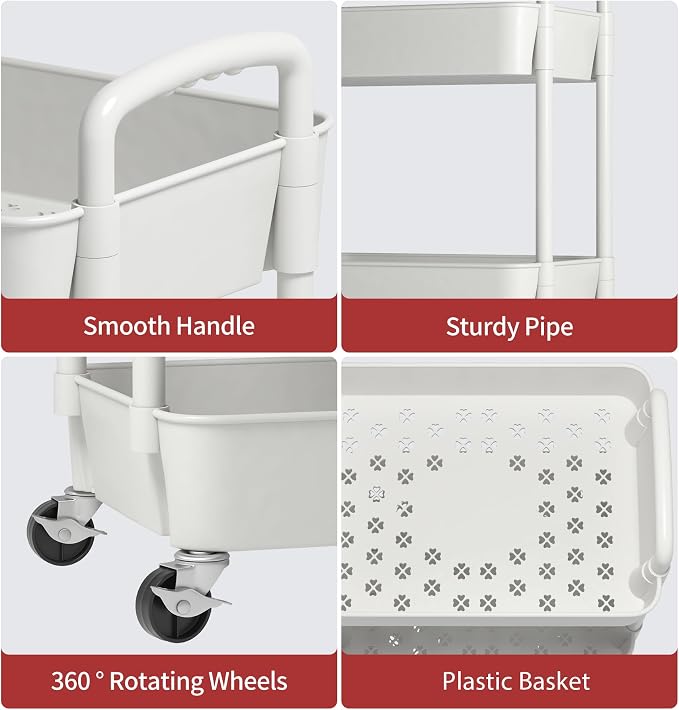Sywhitta 4-Tier Plastic Rolling Utility Cart with Handle, Multi-Functional Storage Trolley for Office, Living Room, Kitchen, Movable Storage Organizer with Wheels, White (Pack of 2) - Image 3