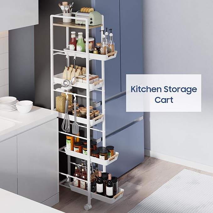 6 Tier Slim Storage Cart with Pull-Out Baskets Rolling Cart with Wheels Wood Top Narrow Utility Cart Metal Shelving Units for Pantry Laundry Room Bathroom Kitchen White 8in(W) - Image 2