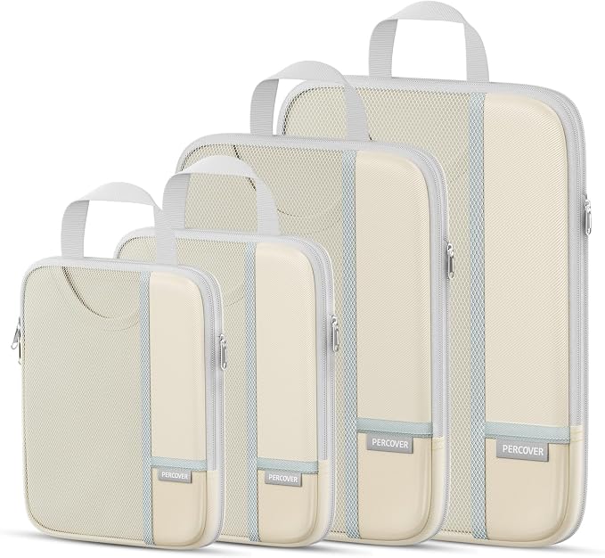 Percover Compression Packing Cubes for Travel, 4-Piece Structured Compression Organizer Set with Label Pockets for Carry-On & Checked Luggage, Beige by Unknown