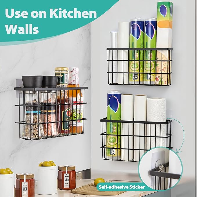 Sinnsally 3 Pack Cabinet Door Organizer,Self Adhesive Lid Organizers Inside Cabinet Storage Boxes,Hanging Storage Basket Organizer Wall Mounted Pantry Caddy Cup Holder for Kitchen,Fridge,Bathroom - Image 4