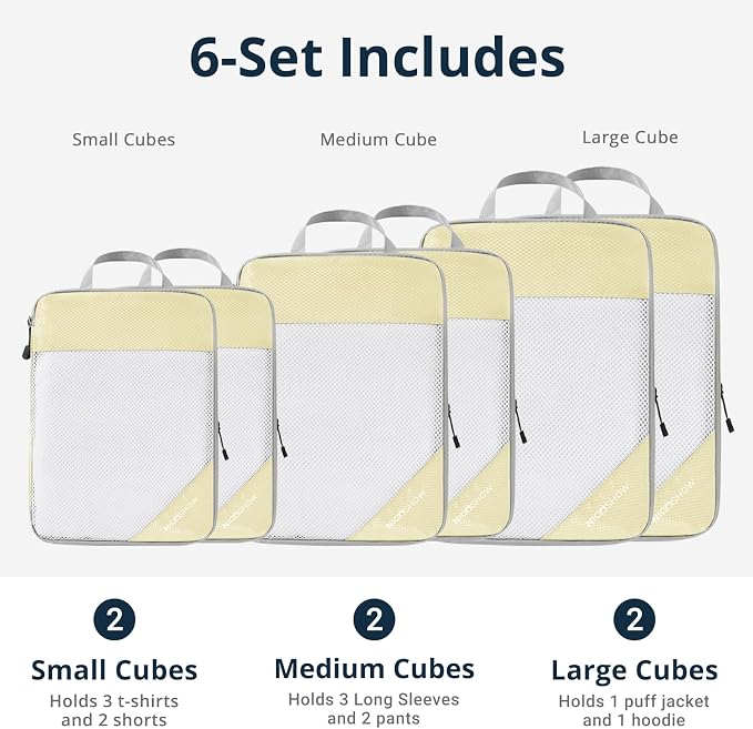 Compression Packing Cubes 6 Set, Compressible Space-Saving Packing Cubes for Travel - Compression Bags, Luggage Organizer, Travel Essentials for Women, Light Yellow - Image 3