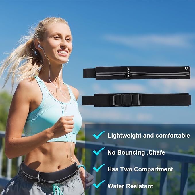 Slim Running Belt for Women and Men, Waterproof Phone Holder for Running, Reflective 2-Pocket Waist Pack for Storing Runner’s Essentials Safely, Runner’s Fanny Pack, Money Belt Fits Most Phones(Black) - Image 3