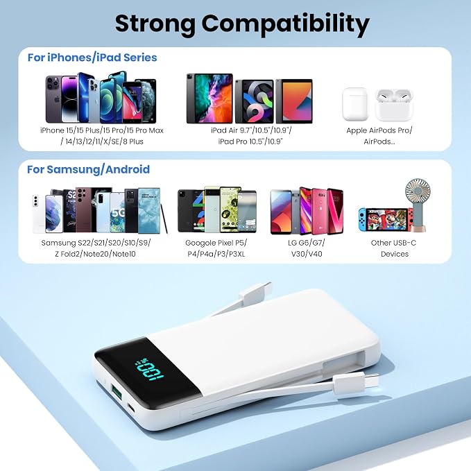 Portable Charger for iPhone,13800mAh Slim Power Bank with Built-in Cables & AC Wall Plug,All in One 4 Outputs USB C Fast Charging Battery Pack Travel Essential for iPhone 17/16/15/14,Android (White) - Image 7