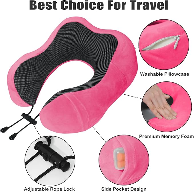 Travel Pillow, Memory Foam Neck Pillow for Traveling, U Shape Neck Pillow Airplane Portable Flight Pillow Travel Kit with 5D Contoured Eye Masks and Earplug for Plane Train Car Home Office - Image 3