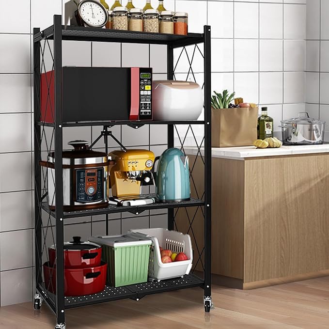 Life Hacks 2pcs 4-Tier Foldable Shelves for Storage, No Assembly Required, Folding Shelf Unit Pantry Shelves with Wheels, Metal Shelving Storage Rack Shelf for Kitchen Garage Home - Image 9
