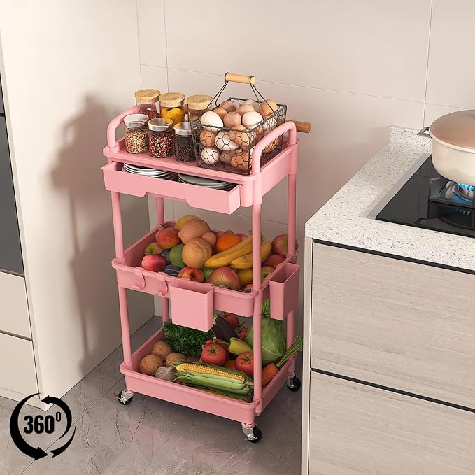 3 Tier Rolling Utility Cart with Drawer, Plastic Storage Organizer Rolling Carts with Wheels Handles Hanging Cups Hooks for Office, Bathroom, Kitchen,Craft Art Room (Pink) - Image 4