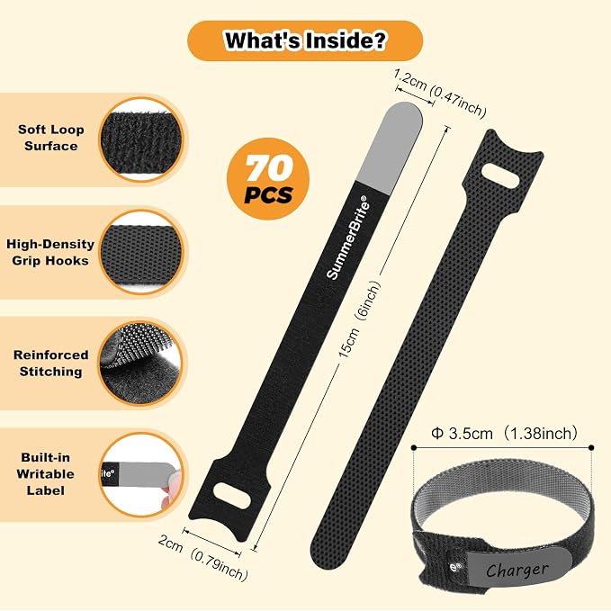 SummerBrite 70 Pack Black Cable Ties 6 Inch with Writable Labels, Reusable Cable Management Straps, Hook and Loop Cord Organizer for Home Office, PC Desk Setup, Electronics & Travel Wire Management - Image 2