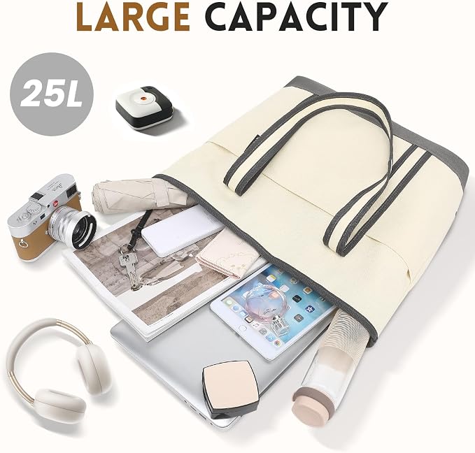 Large Canvas Tote Bag for Women, Beach Bag with Zipper, Utility Tote Bag with 3 Front Pockets, Weekender Pool Bag - Image 3